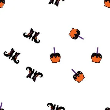 Seamless Halloween Pattern with Witch Boots and Candy Apples. Stock Illustration