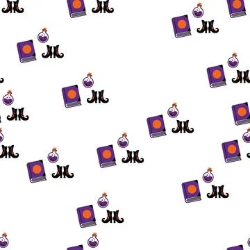 Seamless Halloween Pattern with Witch Boots Spell Books and Magic Potions. Illustrazione stock