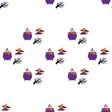 Seamless Halloween Pattern with Witch Cauldrons and Spooky Trees. Stock Illustration