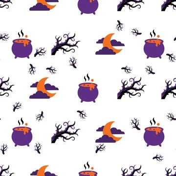 Seamless Halloween Pattern with Witch Cauldrons and Crescent Moons. Stock Illustration