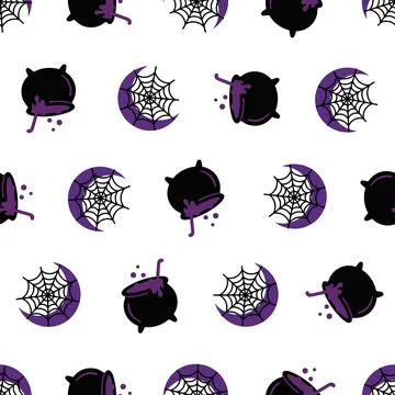 Seamless Halloween Pattern with Witch Cauldrons and Spider Webs. Stock Illustration