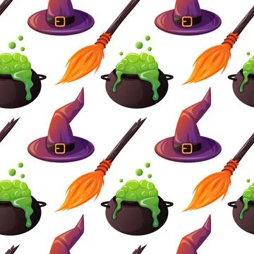 Seamless Halloween pattern with witch hat, broom and bubbling cauldron on white Stock Illustration