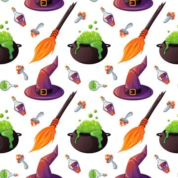 Seamless Halloween pattern with witch hat, broom, potion, fly agaric mushroom Stock Illustration