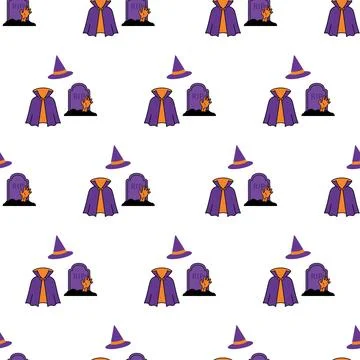 Seamless Halloween pattern with witch hats capes and gravestones. Stock Illustration