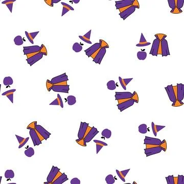 Seamless Halloween pattern with witch hats and cloaks. Stock Illustration