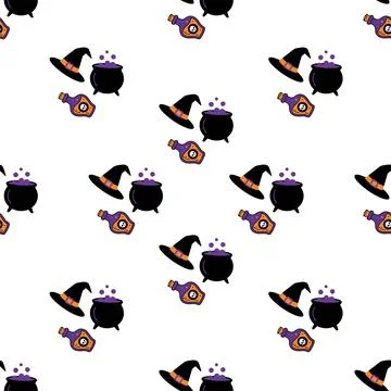 Seamless Halloween pattern with witch hats cauldrons and magic potions. Stock Illustration