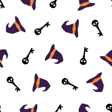 Seamless Halloween Pattern with Witch Hats and Skeleton Keys. Stock Illustration