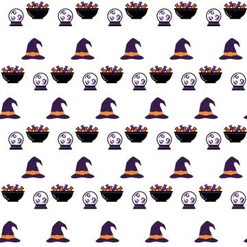 Seamless Halloween Pattern with Witch Hats Crystal Balls and Candy Bowls. Stock Illustration