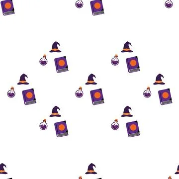 Seamless Halloween Pattern with Witch Hats Spell Books and Magic Potions. Illustrazione stock