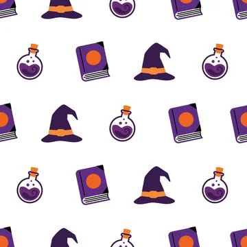 Seamless Halloween Pattern with Witch Hats Spell Books and Magic Potions. Stock Illustration