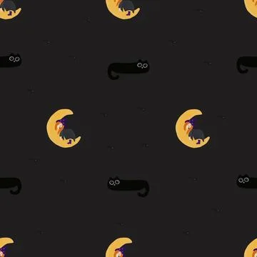 Seamless Halloween Pattern with Witch on Moon and Black Cat Flying Bats Stock Illustration