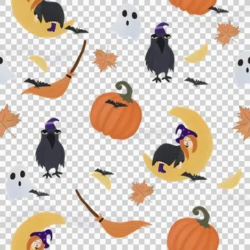 Seamless Halloween Pattern with Witches, Crows, Pumpkins, Bats, and Ghosts .. Stock Illustration