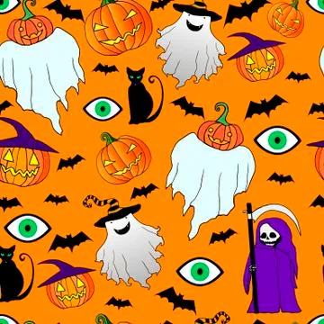 Seamless halloween pattern.Funny,crazy ghost,death with a scythe Stock Illustration