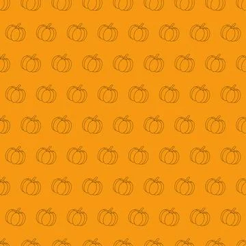 Seamless Halloween pumpkin pattern. Black pumpkin on orange background. Line art Stock Illustration