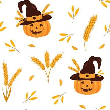 Seamless Halloween pumpkin pattern in witch hat, wheat and yellow leaves イラスト素材