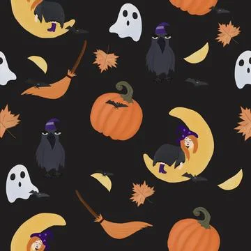 Seamless Halloween Themed Pattern Featuring Ghost, Crow, Witch, Moon, Pumpk.. Illustrazione stock
