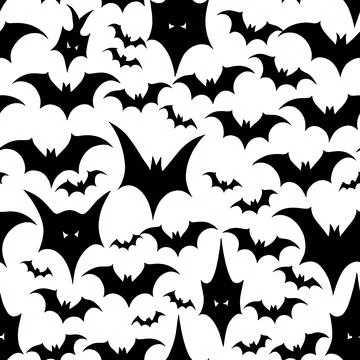 Seamless Halloween vector pattern with black bats on white background Stock Illustration