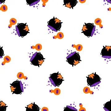 Seamless Halloween vector pattern with cute witch cauldrons and magic potio.. Stock Illustration