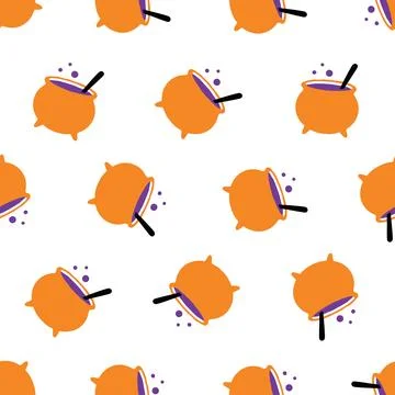 Seamless Halloween vector pattern with orange cauldrons and magic potion. Stock Illustration