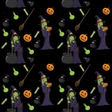 Seamless halloween witch patterns background Stock Illustration