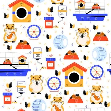 Seamless hamster pattern. Little animals. Pets cage with feeder and drinker Stock Illustration