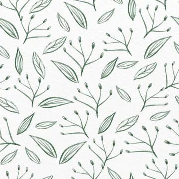 Seamless hand draw green leafs pattern on paper background, classic greeting  Stock Illustration