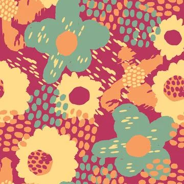 Seamless hand draw pattern background with mixed flowers and dot , greeting c Stock Illustration