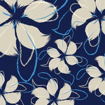 A Seamless hand drawing patterns. A blue and grey floral textile tropical b.. Stock Illustration