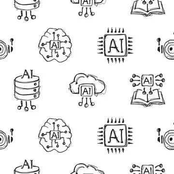 Seamless Hand Drawn AI Artificial Intelligence Doodle Pattern Vector Black .. Stock Illustration