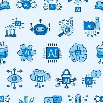 Seamless Hand Drawn AI Artificial Intelligence Blue Doodle Pattern Vector T.. Stock Illustration