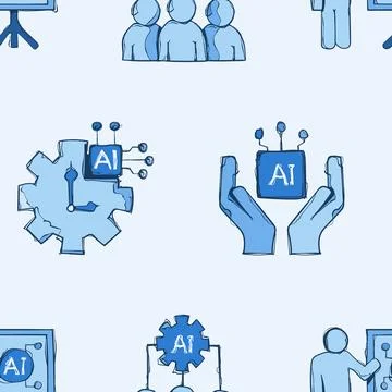 Seamless Hand Drawn AI Blue Doodle Pattern Large Icons Gear Hands Technolog.. Illustrazione stock