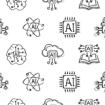 Seamless Hand Drawn AI Technology Doodle Pattern Vector Black White Robot A.. 스톡 일러스트
