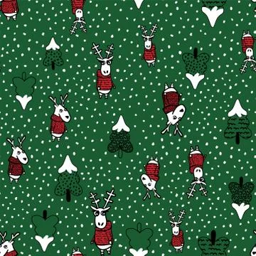Seamless hand drawn background with deer in a sweater and christmas tree Stock Illustration