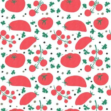 Seamless hand drawn background with fresh san marzano, round and cherry tomatoes Stock Illustration