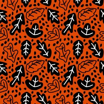 Seamless hand drawn background with simple black leaves on orange background. Stock Illustration