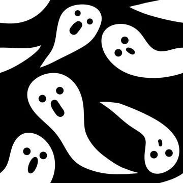 Seamless hand drawn black and white Halloween pattern with cartoon ghost skull Ilustração Stock
