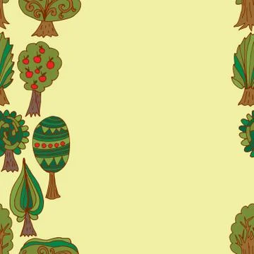 Seamless hand-drawn border pattern with doodle forest tree 스톡 일러스트