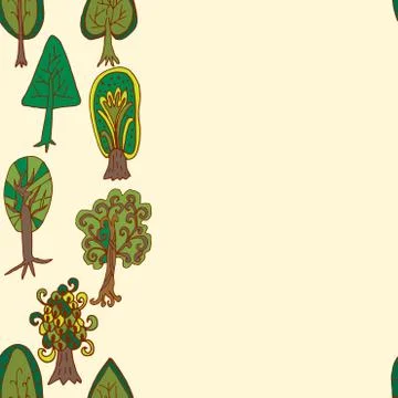 Seamless hand-drawn border pattern with doodle forest tree 스톡 일러스트
