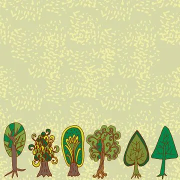 Seamless hand-drawn border pattern with doodle forest tree 스톡 일러스트