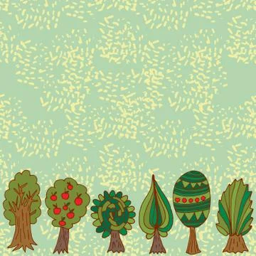 Seamless hand-drawn border pattern with doodle forest tree Stock Illustration