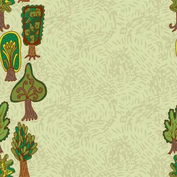 Seamless hand-drawn border pattern with doodle forest tree Stock Illustration