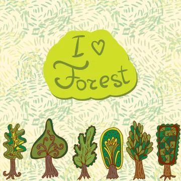 Seamless hand-drawn border pattern with doodle forest tree 스톡 일러스트