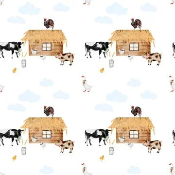Seamless hand drawn children's pattern with cute cow, sheep, farmhouse, goose Stock Illustration