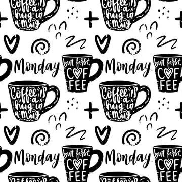 Seamless hand-drawn coffee pattern with lettering. Vector coffee cup background. Stock Illustration
