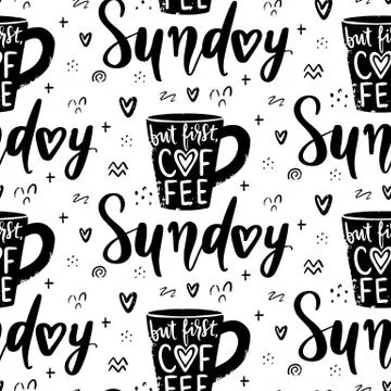 Seamless hand-drawn coffee pattern with lettering. Vector coffee cup background. 스톡 일러스트