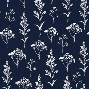 Seamless hand-drawn floral pattern with herbs Stock Illustration