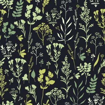 Seamless hand-drawn floral pattern with herbs Stock Illustration