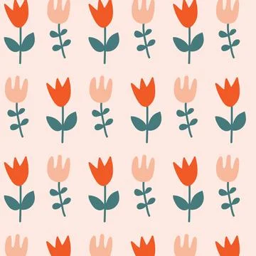 Seamless hand-drawn floral pattern of stylized tulips in earthy tones of red, Stock Illustration