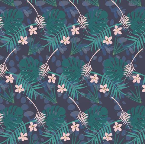 Seamless hand drawn floral vector pattern with bright pink flowers and exotic Stock Illustration
