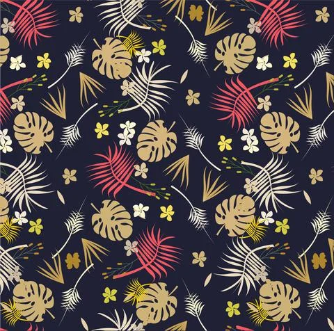 Seamless hand drawn floral vector pattern with bright pink flowers and exotic Stock Illustration